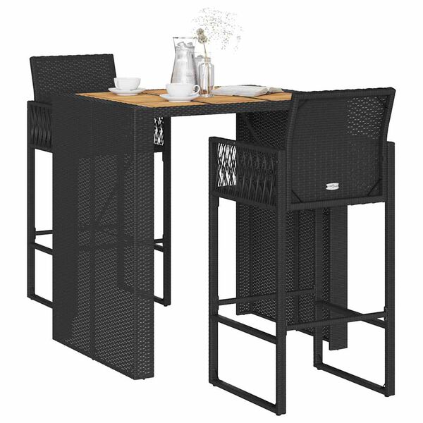vidaXL 3 stykki garðbarasett án púða Svartur Pólýrattan Akasíuviður