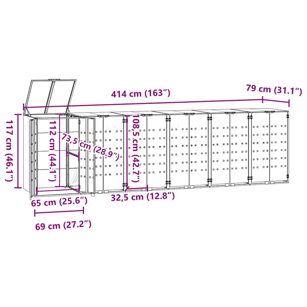 vidaXL Sorptunnugeymsla fyrir 6 tunnur 414x79x117 cm Reykgrátt Stál