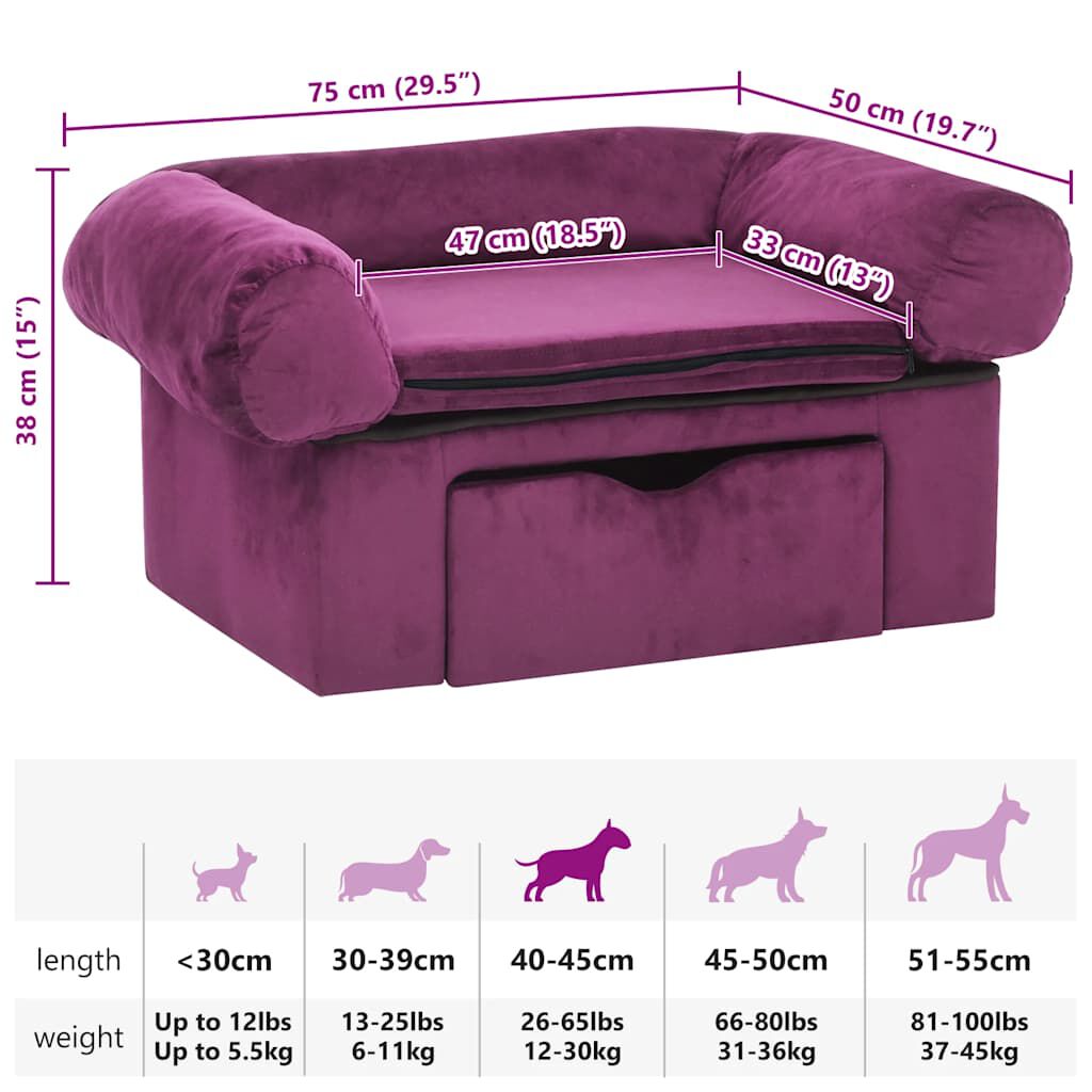 vidaXL hundasófi með skúffu Burgundy 75x50x38 cm Plush